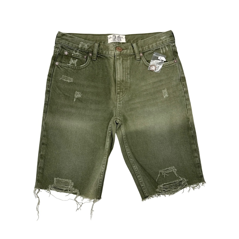 Free People We The Free Caroline Cut Off Shorts Size 26 Green Denim Distressed